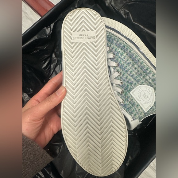 BNIB - Saint Laurent Bedford Tweed & Leather Turquoise Mid Top Sneakers - Size 7 - Picture 5 of 12